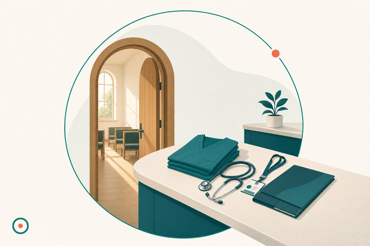 Flat illustration of a hospital chapel doorway beside a nurse's station with a stethoscope, folded scrubs and a residency welcome folder