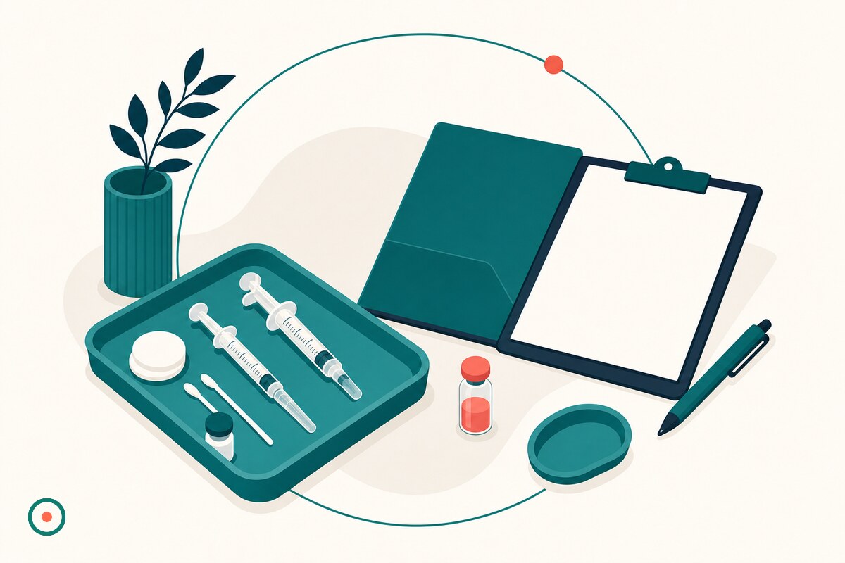Teal syringe tray beside an open consent clipboard and coral accent vial on a cream med-spa desk