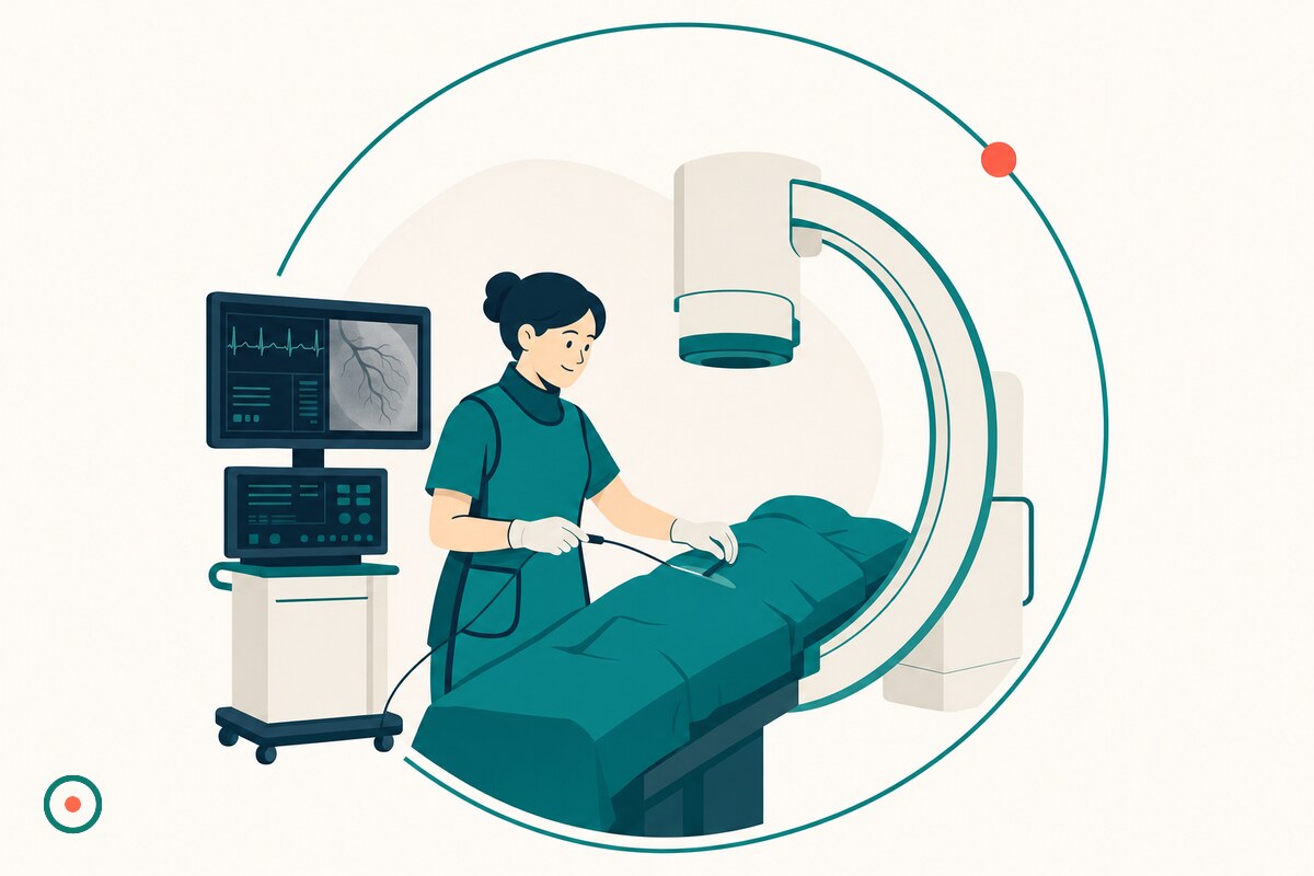 Cath lab nurse in teal lead apron beside a procedure table with sterile tray and cardiac monitor