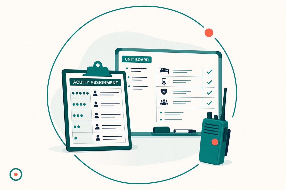 Flat illustration of a charge nurse clipboard and unit staffing whiteboard with open teal ring and coral accent on cream