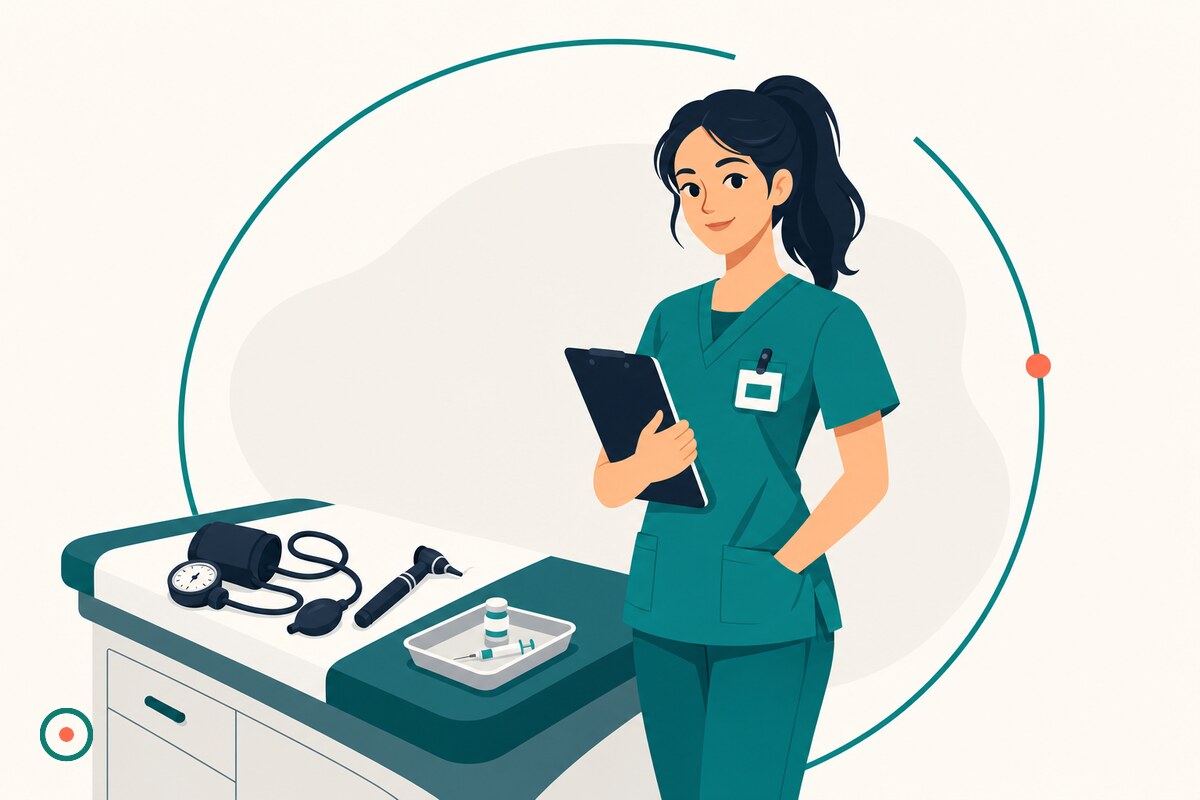 Clinic nurse in teal scrubs beside an exam table with blood pressure cuff and vaccine tray