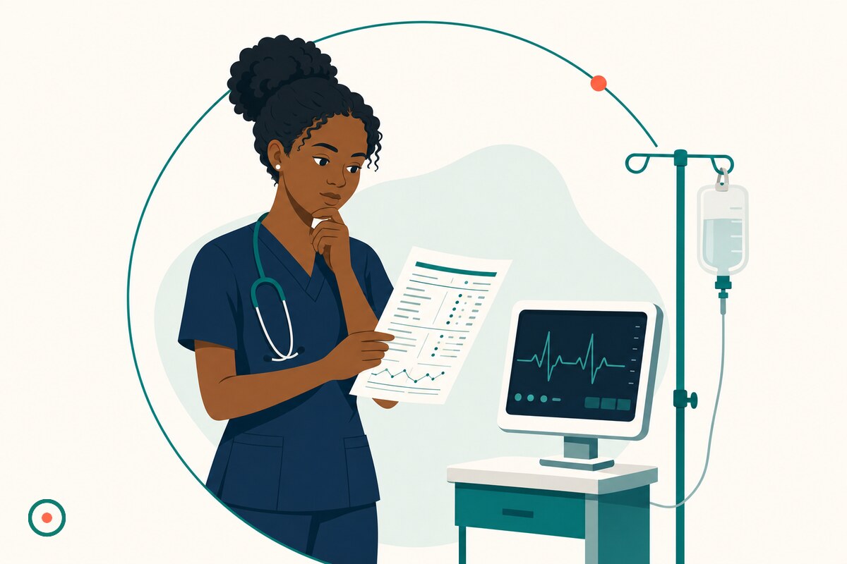 New-grad nurse in navy scrubs studying a lab results sheet beside a patient monitor and IV pole, thinking through a critical thinking nursing interview question