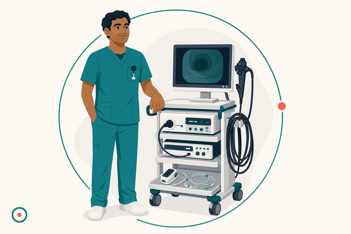 Flat illustration of a nurse in teal scrubs beside an endoscopy tower with a coiled flexible endoscope, pulse oximeter and nasal cannula, next to an open teal ring