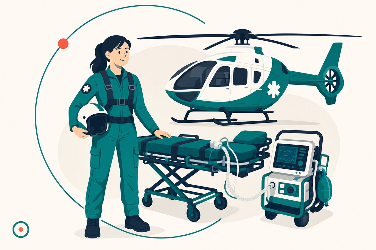 Flight nurse in teal flight suit beside a helicopter stretcher and portable ventilator on cream background
