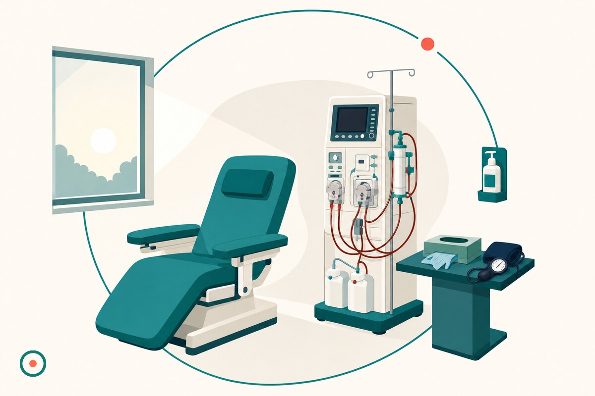 Flat illustration of a dialysis chair beside a dialysis machine with a hand-hygiene station, gloves and a blood pressure cuff