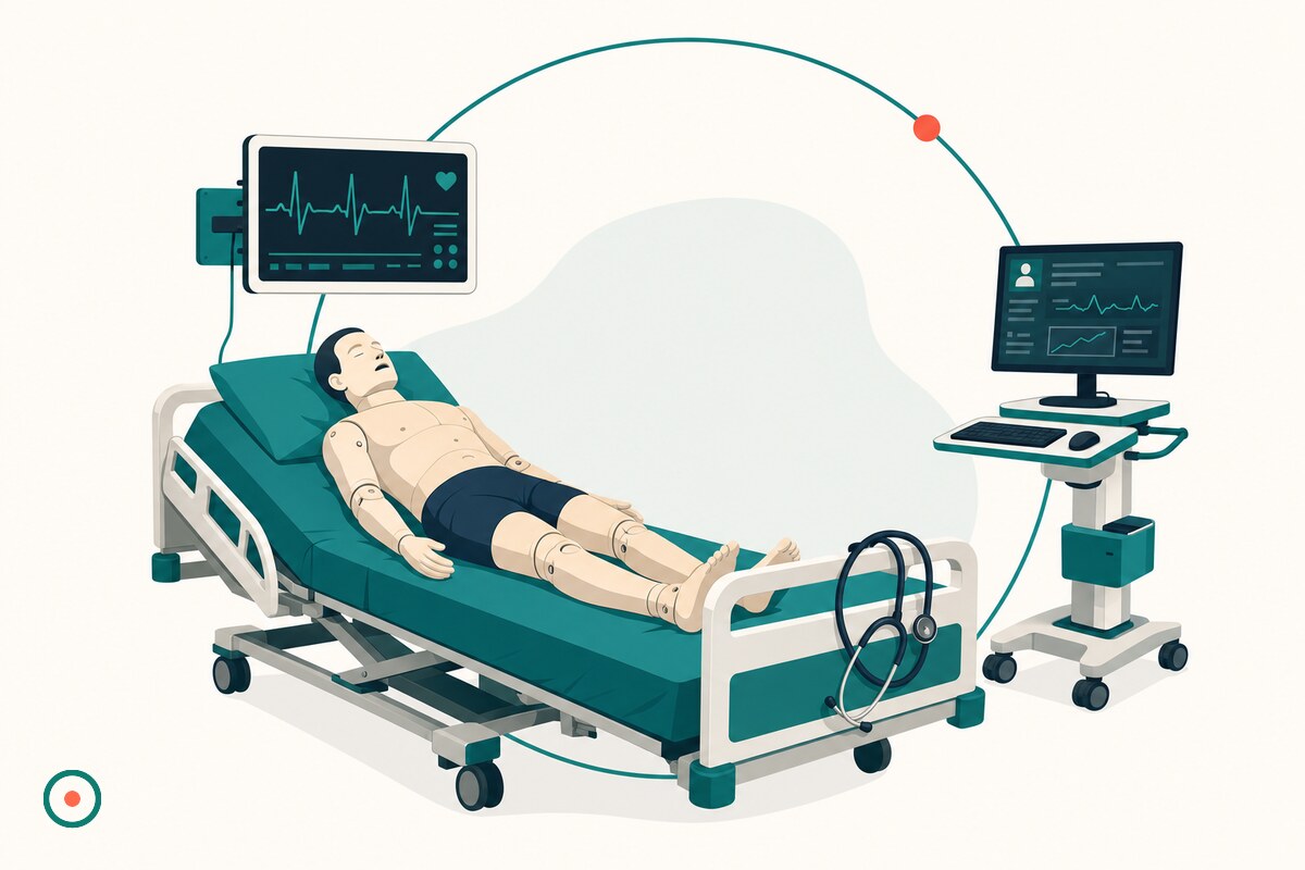Flat illustration of a simulation lab with a patient manikin on a hospital bed, a vital-signs monitor, a computer on wheels and a stethoscope
