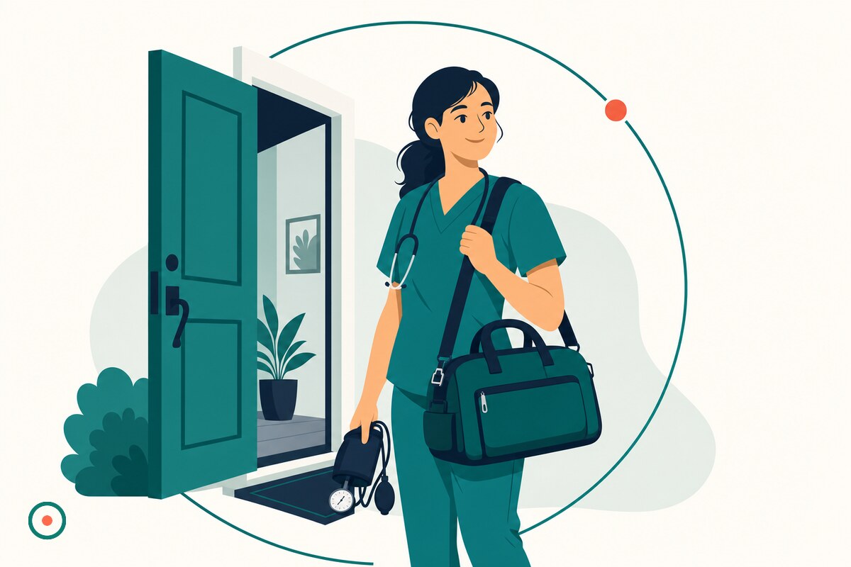 Female nurse in teal scrubs at an open front door with a home-visit nursing bag and a blood pressure cuff