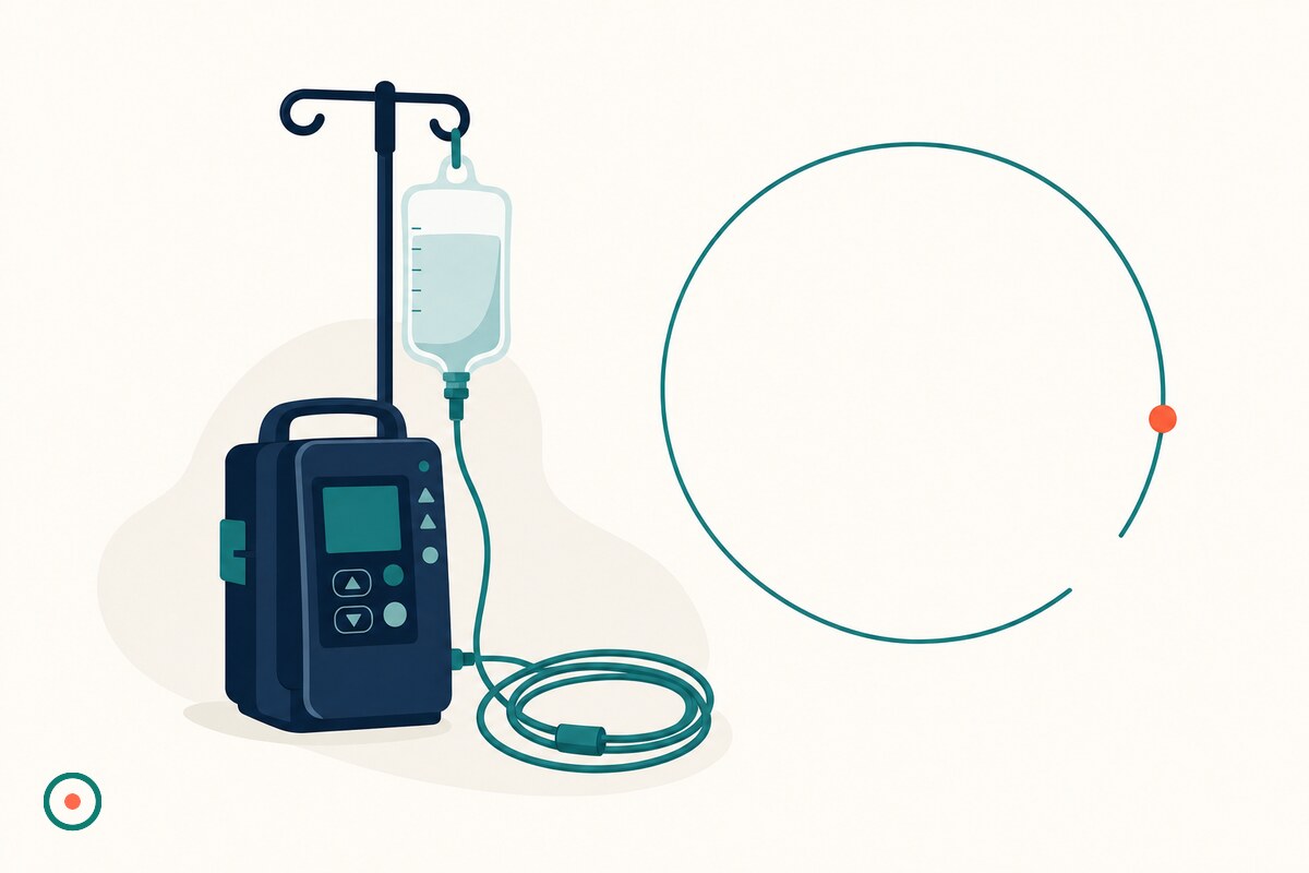 Navy IV infusion pump with teal tubing coil and hanging saline bag silhouette beside an open teal ring with one coral dot on a cream desk