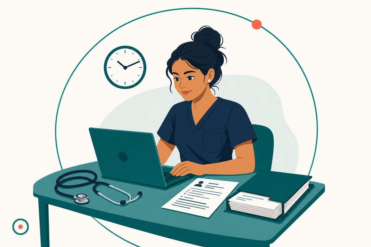 New-grad nurse in navy scrubs at a desk completing an online assessment on a laptop before a Memorial Hermann Match Day interview