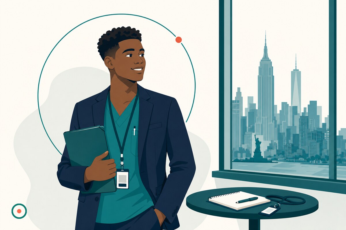 New-grad nurse in a blazer holding a résumé folder by a window with a New York City skyline before a Mount Sinai RN interview
