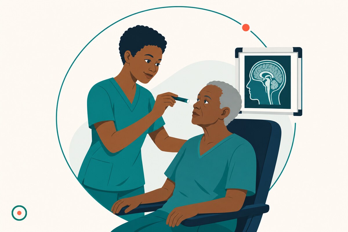 Flat illustration of a nurse in teal scrubs checking an older patient's pupils with a penlight, a brain scan silhouette on a lightbox behind them