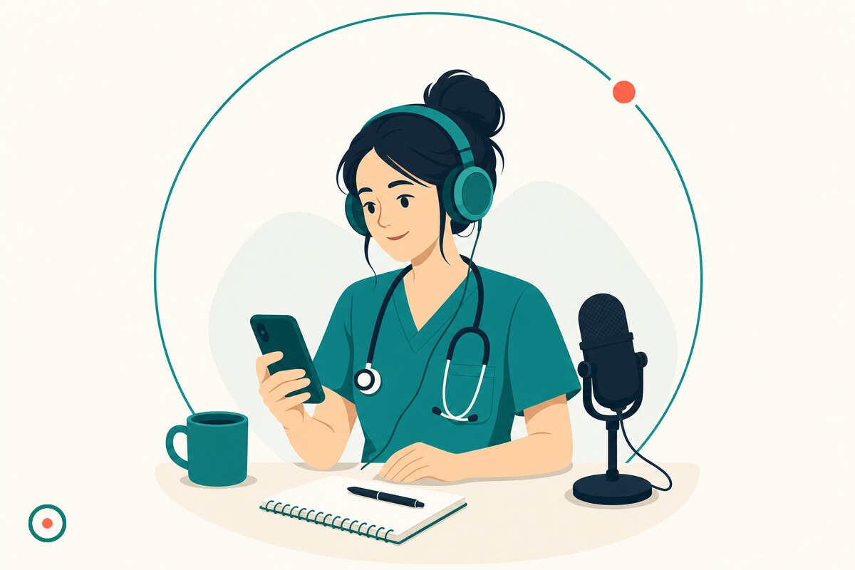New grad nurse in teal scrubs with over-ear headphones and phone listening to a podcast at a cream desk with a small mic and notepad