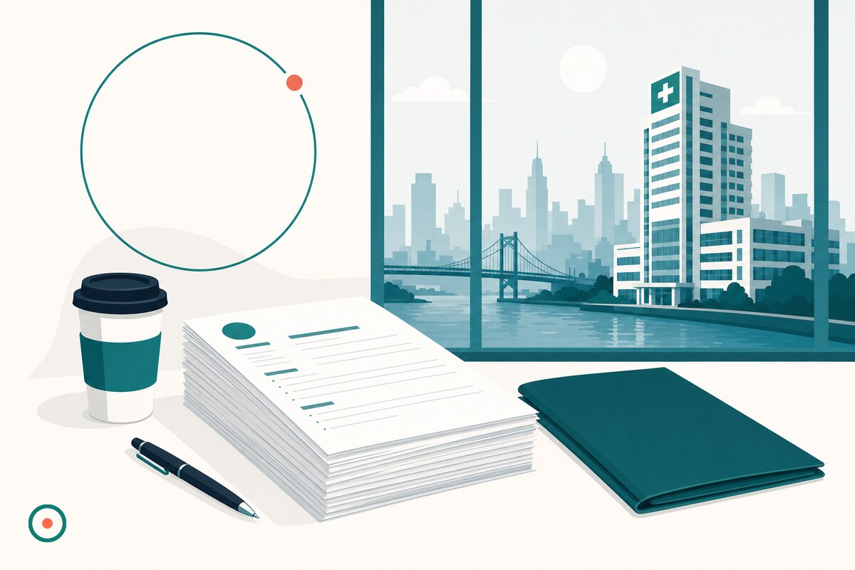 Flat illustration of an interview-day desk with a stack of resumes, a folder, a pen and a coffee cup in front of a window showing a city skyline with a hospital tower by a river