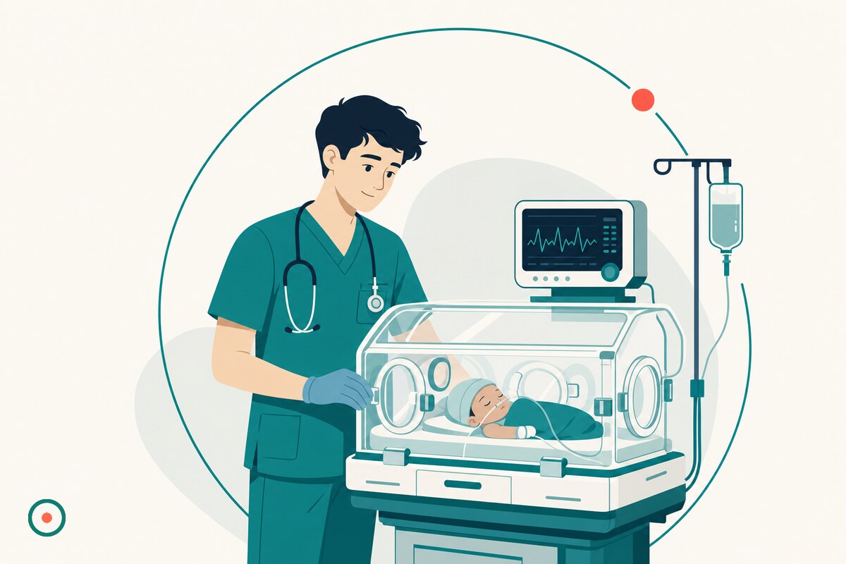 Calm young male nurse in teal scrubs beside a neonatal isolette with soft monitor glow and an IV line