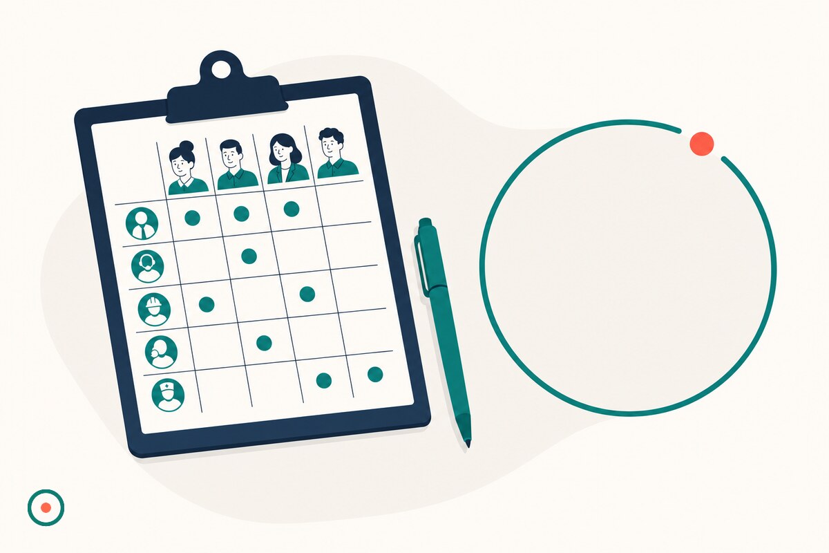Flat illustration of a navy clipboard with a staffing grid, teal pen, and open teal ring with coral accent on cream