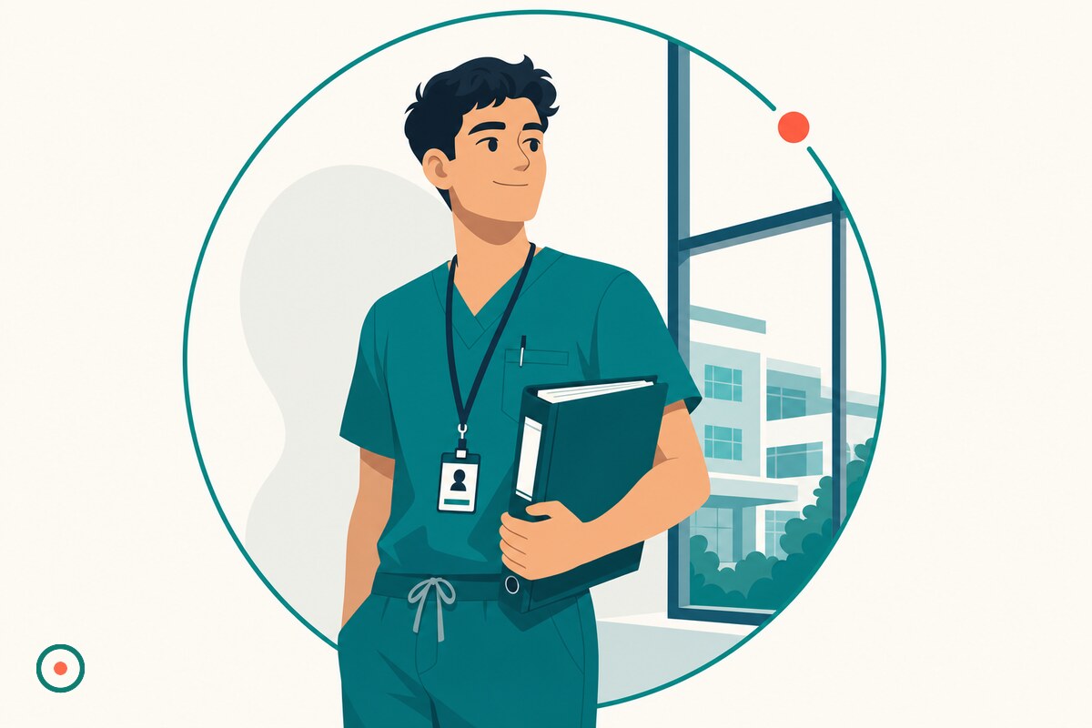 Young male nurse in teal scrubs with a lanyard ID badge holding a residency binder beside a hospital window