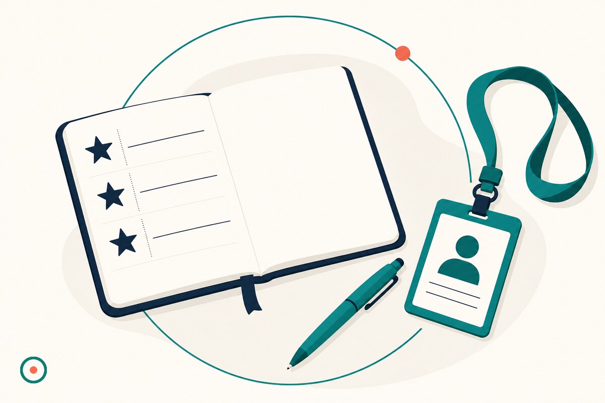 Navy notebook open to STAR headings beside a teal pen and a lanyard ID badge on a cream desk