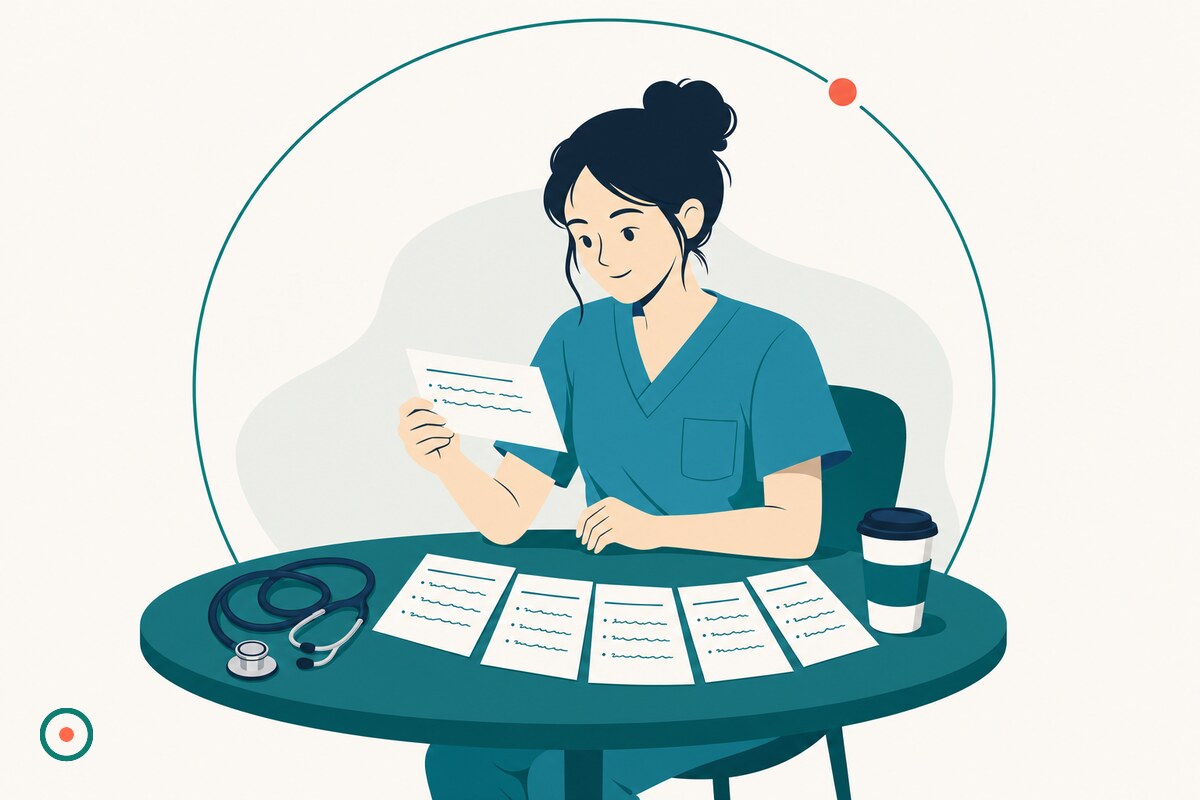 New-grad nurse in scrubs rehearsing nursing interview answers with handwritten question cards spread on a hospital break-room table