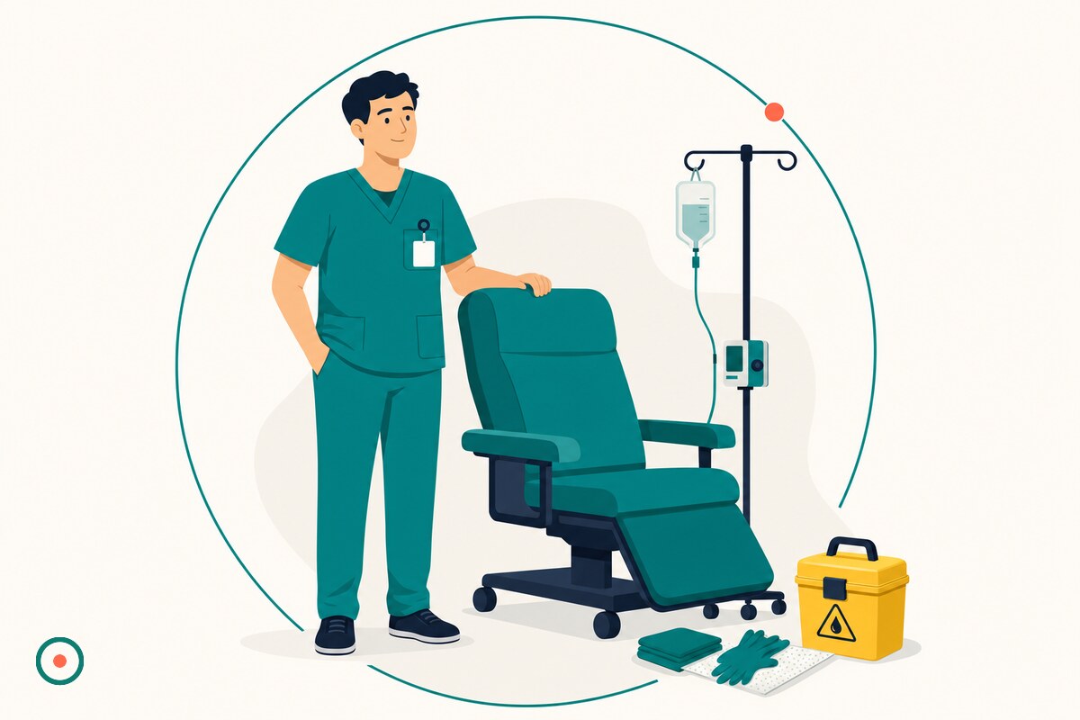Male nurse in teal scrubs beside an infusion chair, IV pole, and yellow chemo spill kit