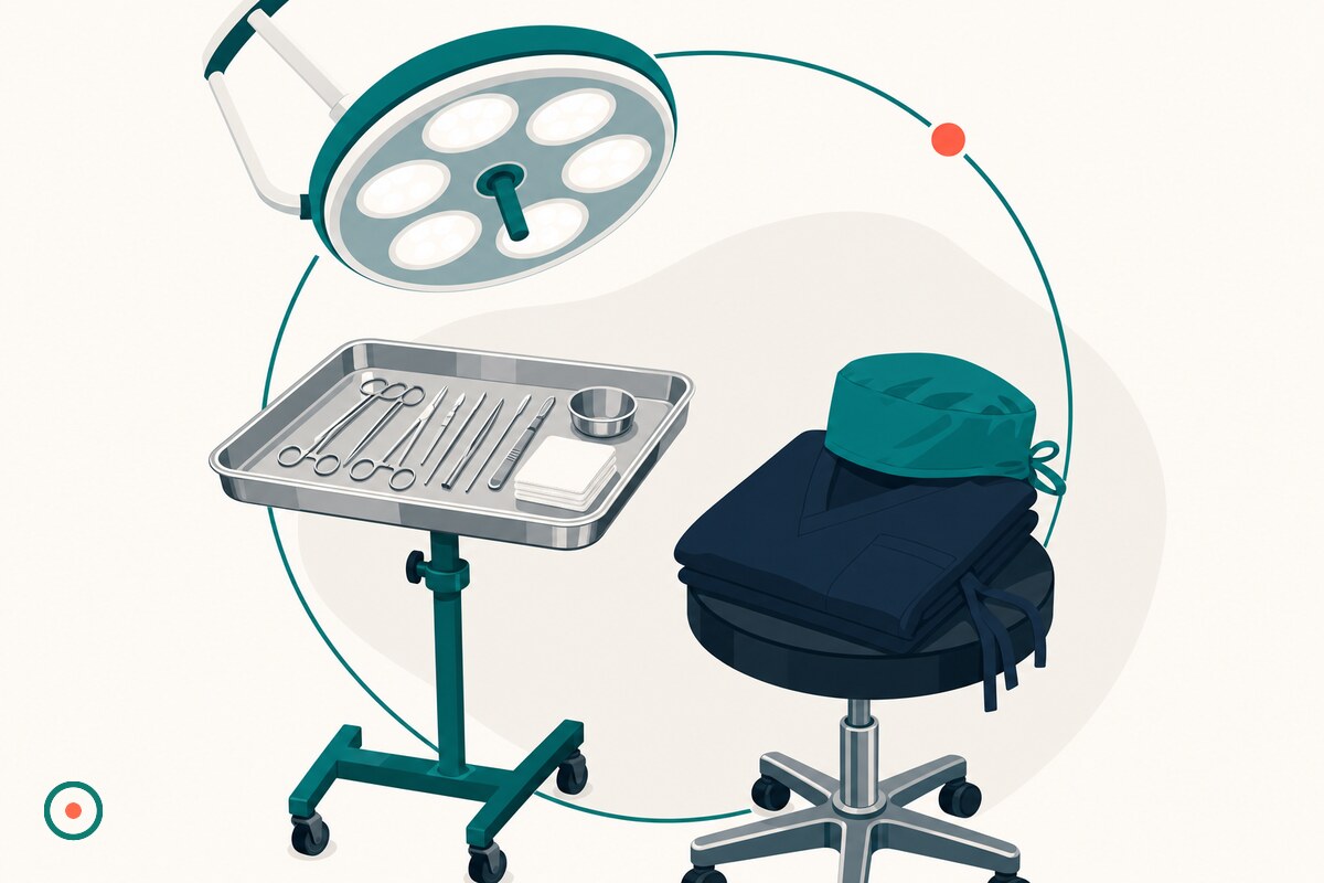Sterile stainless instrument tray under surgical lights with a teal scrub cap and a folded navy gown on an OR stool