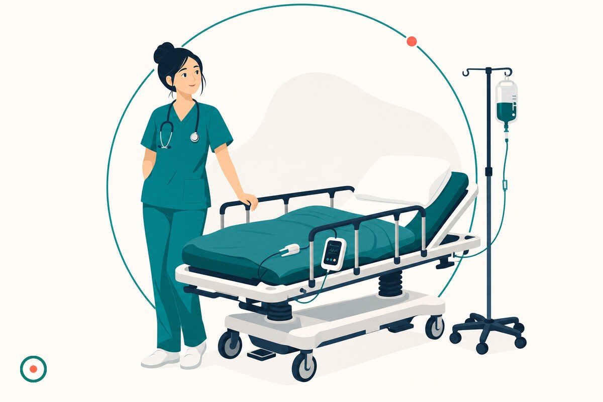 Young PACU nurse in teal scrubs beside a recovery stretcher with pulse oximeter and IV pole