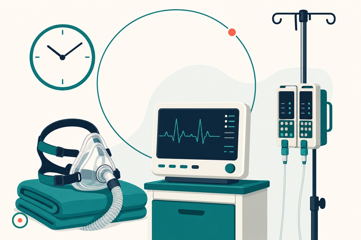 Flat illustration of a progressive care bedside: a BiPAP mask on a folded blanket, a cardiac monitor with a heartbeat line, a two-channel IV pump on a pole and a wall clock