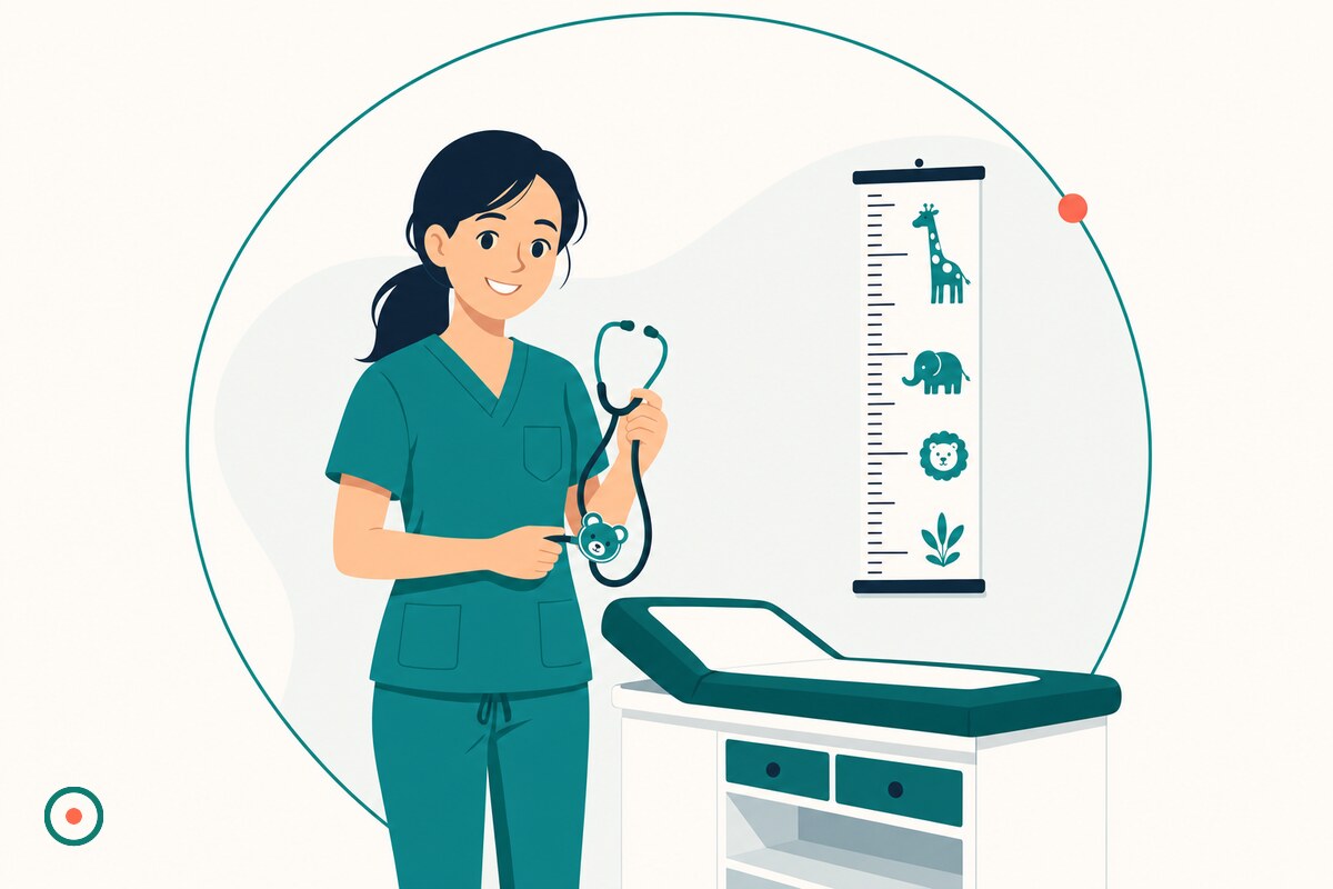Smiling young female nurse in teal scrubs holding a pediatric stethoscope beside a child-sized exam table with a growth chart