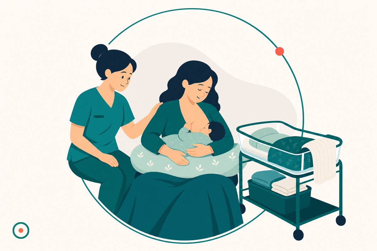 Postpartum mother-baby nurse beside a newborn bassinet with warm blankets and a breastfeeding pillow