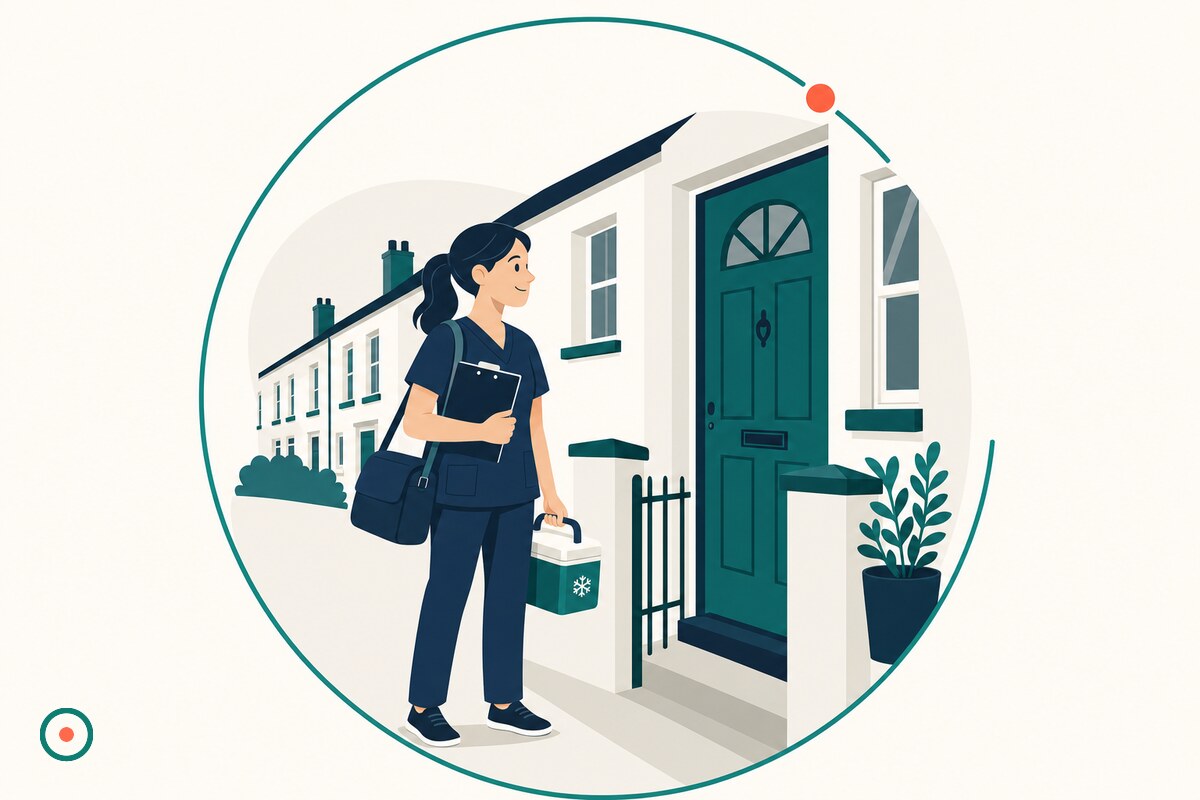 Flat illustration of a public health nurse in navy scrubs with a shoulder bag and vaccine cooler at the door of a row house on a home visit, beside an open teal ring