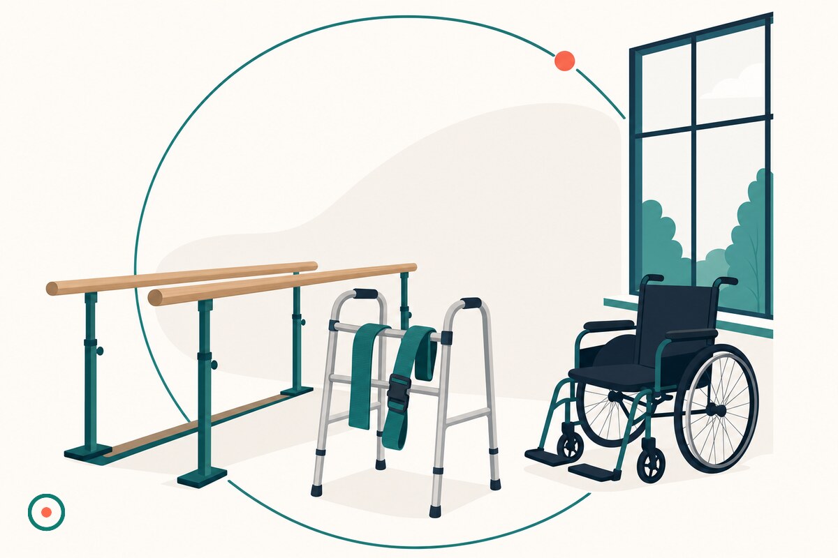 Flat illustration of a rehab hallway with parallel bars, a walker with a gait belt draped over it, and a wheelchair beside an open teal ring