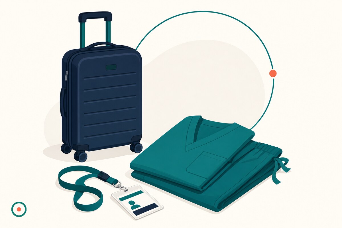 Navy rolling carry-on beside folded teal scrubs and a hospital ID lanyard on a cream desk
