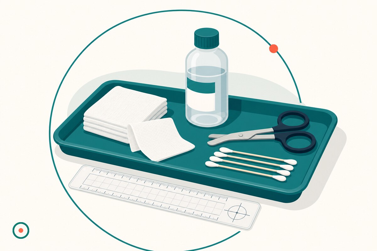 Flat still life of a wound care dressing tray with sterile gauze, saline, scissors, and a wound measurement ruler beside an open teal ring