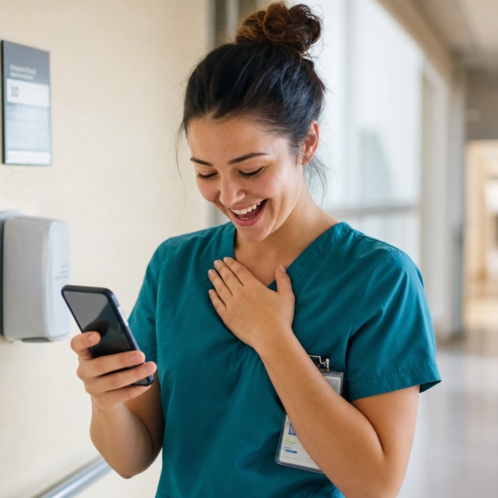 A new grad nurse celebrating a job offer